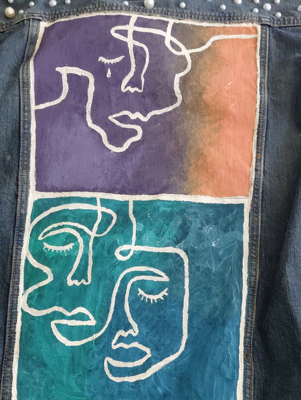 OOAK Hand Painted Denim Jacket Abstract Line Art Portrait Pearl Embellished - Picture 6 of 10